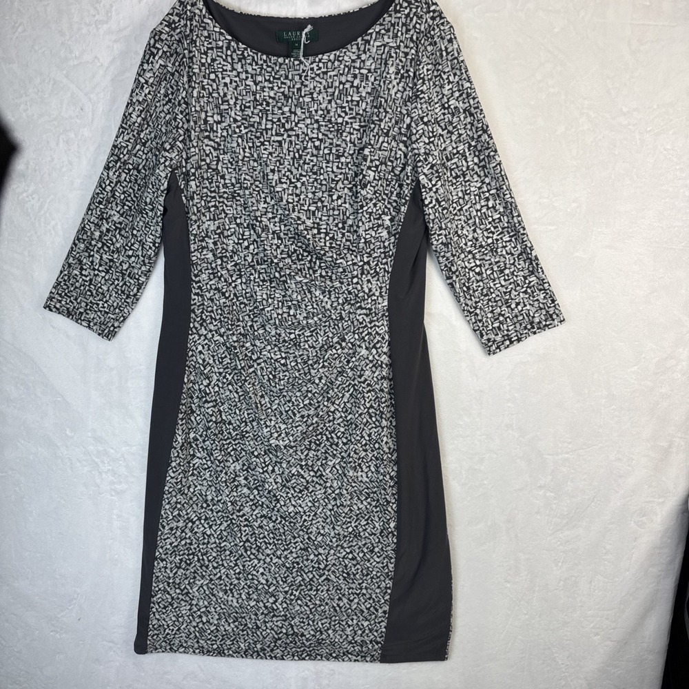 LAUREN RALPH LAUREN Dress Sz 14 White/Charcoal Gray Print Faux Wrap Jersey Knit